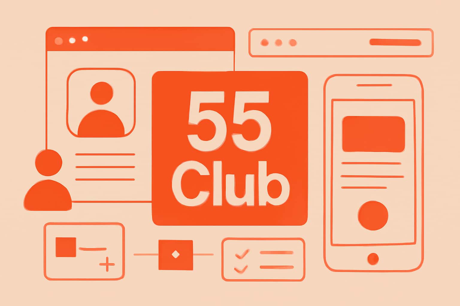An informative graphic depicting the 55 Club User Experience with modern design elements.