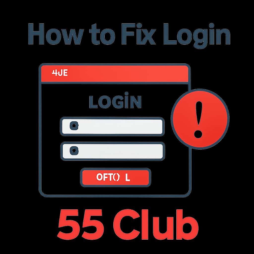 Illustration depicting troubleshooting steps for login issues on the 55 Club.