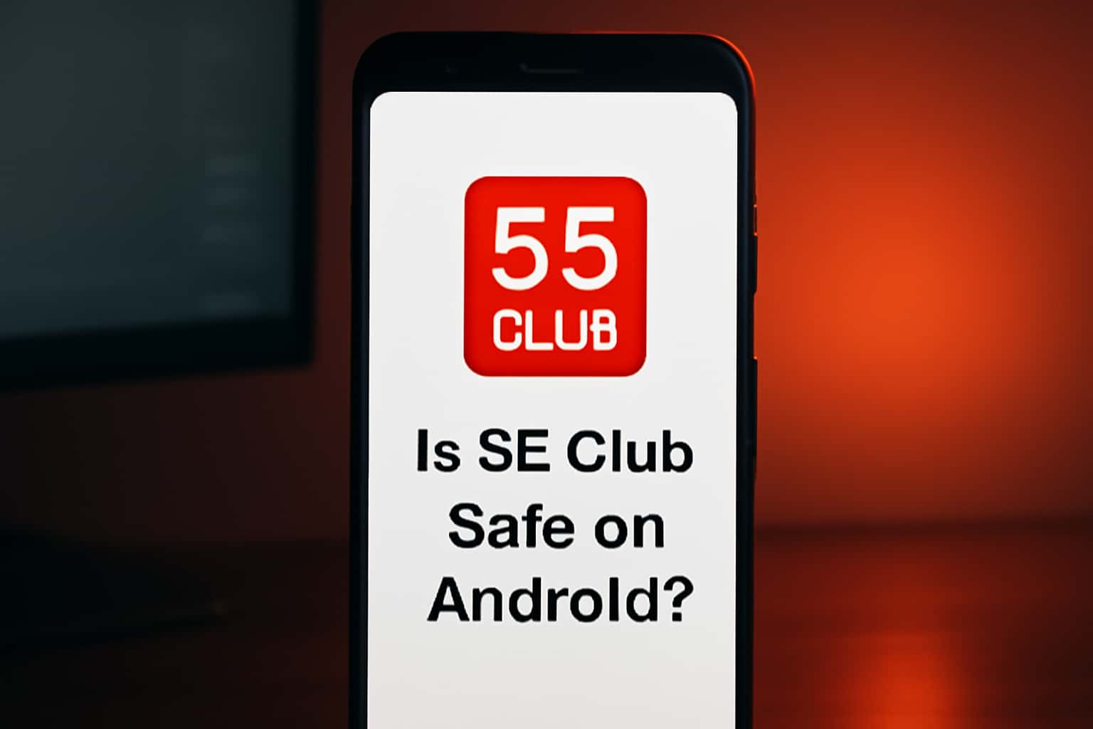 A high-tech visual representation regarding the safety of the 55 Club app on Android devices.