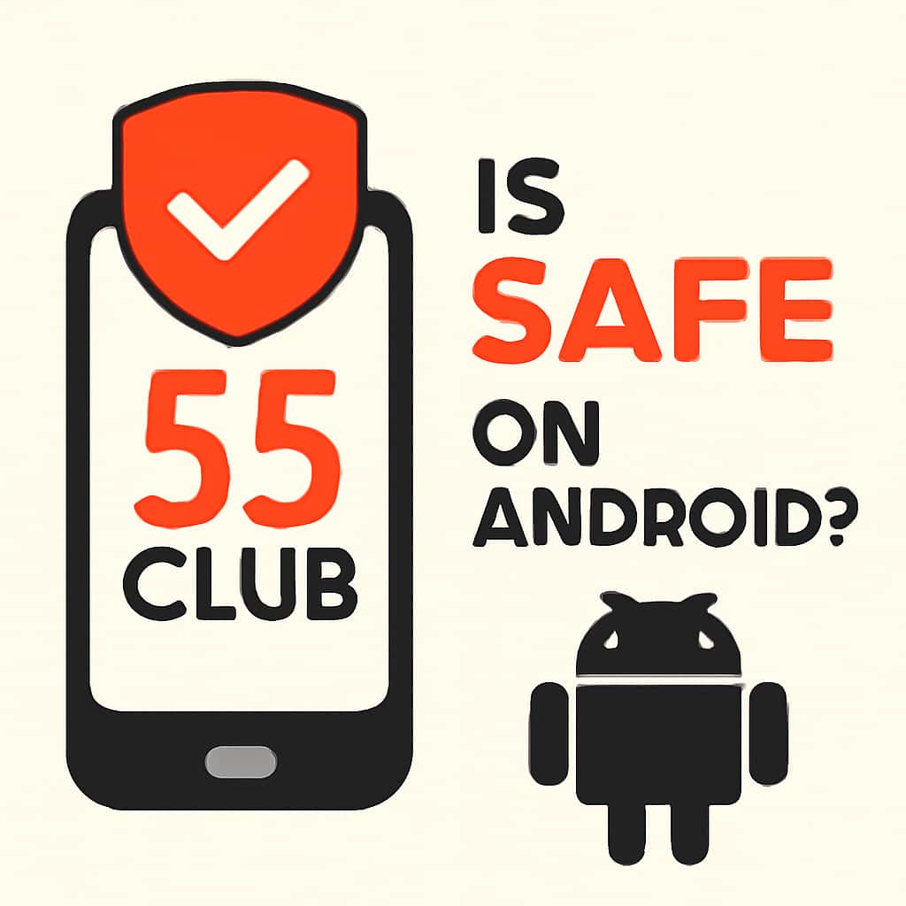 An educational illustration outlining safety measures for the 55 Club app on Android.